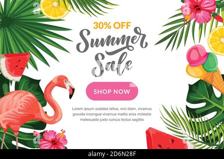 Tropical summer vector background. Sale banner, flyer or poster design template with hand drawn calligraphy lettering. Green palm tropical leaves, pin Stock Vector