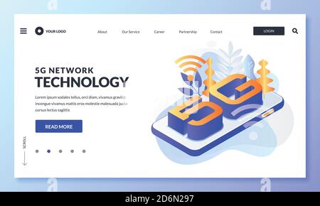 5G network wireless internet technology. Modern landing page, web banner design layout. Smartphone with letters 5g, vector 3d isometric illustration. Stock Vector