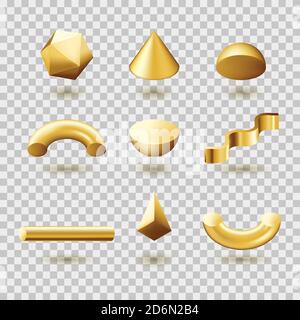Abstract golden geometric shapes set, isolated on transparent background. Vector 3d illustration. Gold gradient modern trendy design elements. Stock Vector