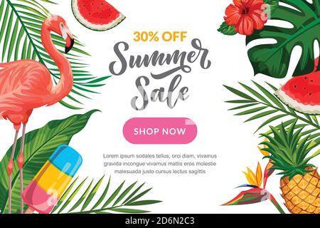 Summer vector white background with flamingo, palm tropical leaves, pineapple and hand drawn calligraphy lettering. Sale banner, flyer or poster desig Stock Vector