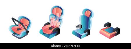 Child, infant and newborn baby car seats. Vector 3d isometric illustration isolated on white background. Safety automobile travel icons. Stock Vector