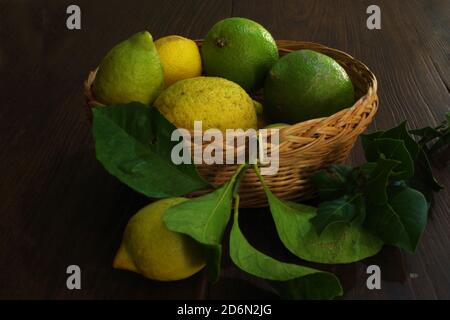 Lemons on the wooden table close-up Stock Photo