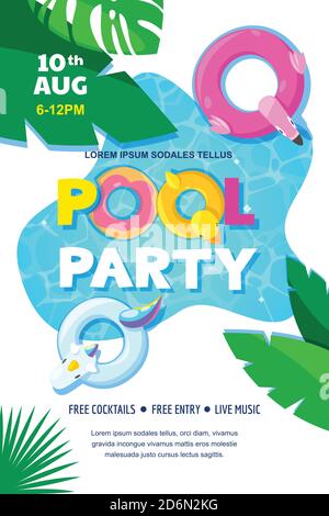 Pool party poster or banner design template. Vector flat cartoon illustration. Summer weekend and events outdoor leisure. Unicorn, flamingo, duck floa Stock Vector
