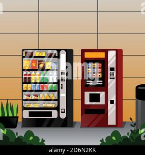 Vending snacks, water and coffe automatic machines. Vetor flat cartoon llustration. Street food selling service. Stock Vector