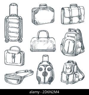 Luggage suitcase and handbags vintage icons set, isolated on white background. Vector sketch illustration. Travel baggage design elements. Stock Vector