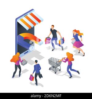 Attraction buyers business concept. Vector 3d isometric illustration isolated on white background. Customer engagement marketing campaign. Stock Vector