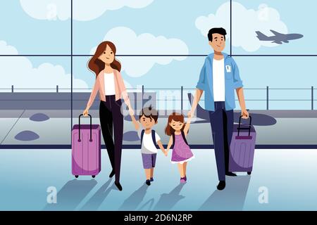 Happy family with two kids going to their summer vacation. Family travel by airplane. Young woman, man, boy and girl in airport. Vector flat cartoon i Stock Vector