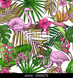 Tropical seamless pattern. Pink flamingo, exotic flowers and palm leaves on white background. Vector color hand drawn sketch illustration. Summer tren Stock Vector