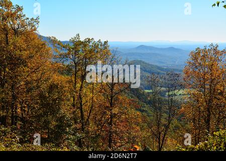 View from an overlook during fall in North Carolina on the Blue Ridge Parkway. Stock Photo