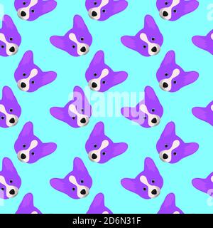 Violet dog, seamless pattern on blue background. Stock Vector