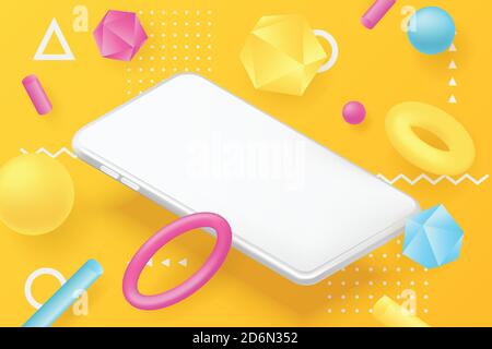 Isometric horizontal smartphone mockup, memphis style poster, banner design template. Vector realistic 3d illustration of white mobile phone, abstract Stock Vector