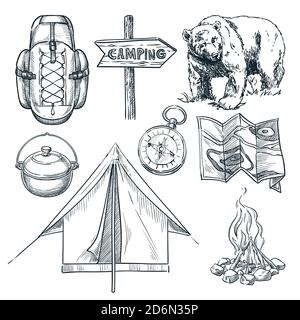 Camping vector sketch illustration. Camp stuff design elements isolated on white background. Stock Vector