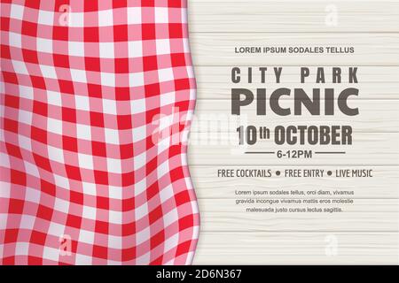 Picnic horizontal background. Vector poster or banner design template with realistic red gingham tablecloth on white wooden table. Restaurant, cafe me Stock Vector