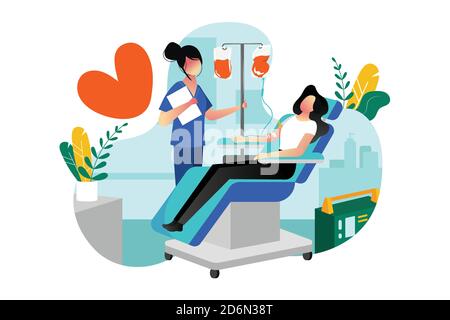 Blood donation, transfusion. Vector flat cartoon illustration. Volunteer female donor donating blood in medical hospital laboratory. World blood donor Stock Vector