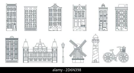 Amsterdam city buildings, mill, lighthouse and bike, black white line art isolated icons. Vector illustration. Travel to Netherlands design elements. Stock Vector