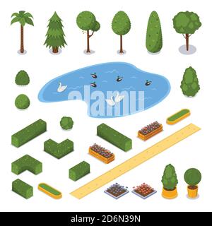 City public park 3d isometric flat icons. Vector urban outdoor landscape design elements. Green garden trees, pond and flower pots, isolated on white Stock Vector