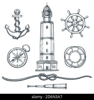 Summer nautical vintage icons set. Vector hand drawn sketch illustration. Sea and marine design elements isolated on white background. Stock Vector