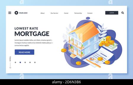 House mortgage and real estate loan business concept. Vector 3d isometric illustration for web landing page, banner or poster design. Buy, sale or ren Stock Vector