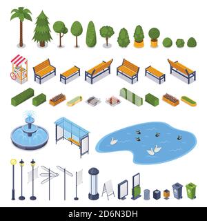 City streets and public park 3d isometric design elements. Vector urban outdoor landscape icons. Green trees, benches, lampposts, garbage containers, Stock Vector