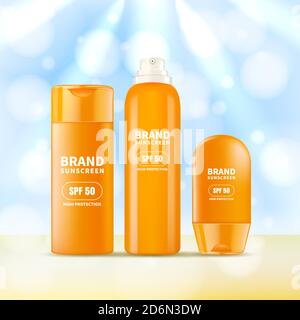 Sunscreen and sunblock cosmetic mockup design template. Vector realistic 3d illustration of sun protection cream, lotion, spray on blurred beach backg Stock Vector