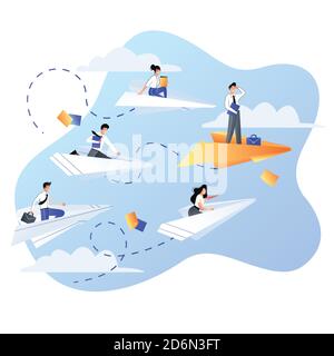 Leadership, career and success business concept. Businessmen people flying on four white and one red paper airplanes. Vector trendy flat illustration. Stock Vector