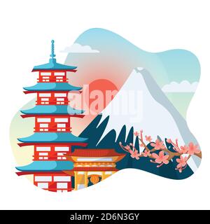 Japanese colorful pagoda, sakura flowers on Fuji mountain background. Travel to Japan isolated vector flat cartoon illustration. Asian traditional arc Stock Vector