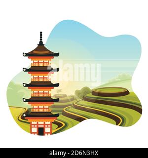 Chinese colorful pagoda on rice terrace fields background. Travel to China isolated vector flat cartoon illustration. Asian traditional architecture a Stock Vector