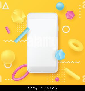 Smartphone mockup, memphis style poster, banner design template. Vector realistic 3d illustration of white plastic mobile phone, abstract geometric sh Stock Vector