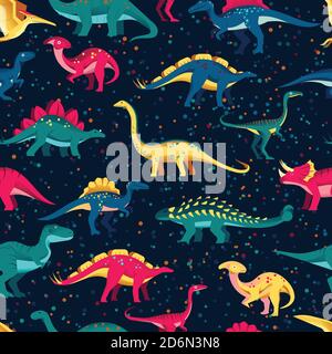 Colorful cute dinosaurs on black background. Vector seamless pattern. Fun textile cartoon kids print design. Stock Vector