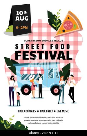 Street food festival poster or banner design template. Spring and summer weekend and events outdoor leisure. Vector flat cartoon illustration. Food tr Stock Vector