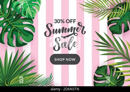 Summer poster with tropical palm leaf and handwriting lettering. Vector ...