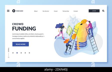 Crowdfunding and investment into idea, metaphor. Vector 3d isometric illustration. Crowd funding for business startup concept. Landing page, banner or Stock Vector