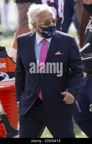 Foxborough, United States. 18th Oct, 2020. New England Patriots owner Robert Kraft walks the sideline before the start of the game against the Denver Broncos at Gillette Stadium in Foxborough, Massachusetts on Sunday, October 18, 2020. Fans are not allowed into the stadium as part of the New England Patriots COVID-19 protocol. Photo by Matthew Healey/UPI Credit: UPI/Alamy Live News Stock Photo