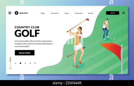 Man and woman playing golf on green field. Vector isometric illustration. Landing page or banner design template. Outdoor leisure activity concept. Stock Vector