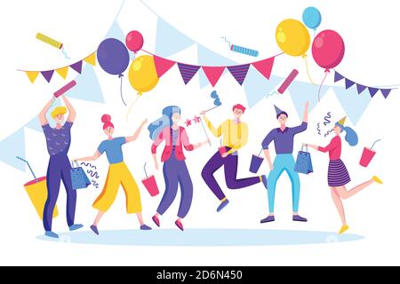 Happy people celebrating birthday, new year or another holiday event. Vector flat illustration. Jumping and dancing young men and women have a fun par Stock Vector