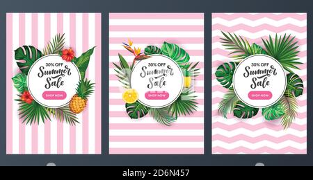 Summer sale discount vertical poster set. Tropical banner design template. Vector cartoon illustration of green palm leaves, fruits and flowers on pin Stock Vector