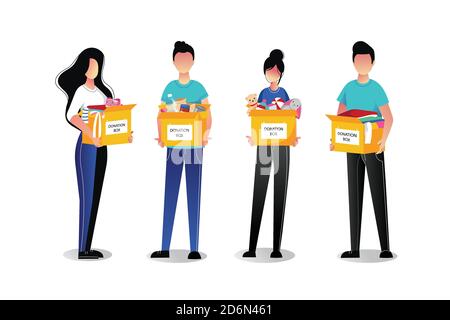 Volunteer young people with donation boxes, isolated on white background. Vector flat cartoon illustrations. Social care and charity concept. Stock Vector