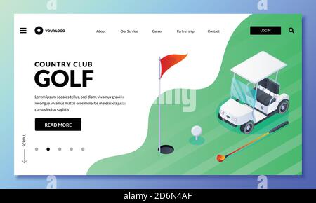 Golf club vector isometric illustration. Landing page or banner layout. Golf cart, ball, club on green field. Modern website design elements. Stock Vector