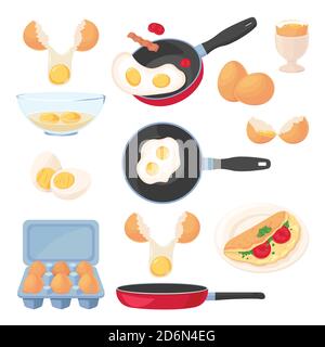 Eggs design elements set, isolated on white background. Vector breakfast meal, raw ingredients and cooking process. Food flat cartoon icons. Stock Vector