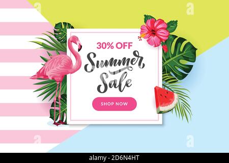 Tropical summer white frame on colorful background. Vector discount and sale banner, flyer, poster template. Cartoon illustration of beautiful pink fl Stock Vector