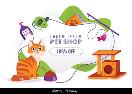 Pet shop discount sale poster or banner design template. Vector flat cartoon illustration of red cat with toys. Animal foods, accessories and toy stor Stock Vector