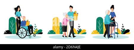 Social workers taking care about seniors people. Vector flat cartoon illustration. Volunteer young people help elderly people walk, ride wheelchair an Stock Vector
