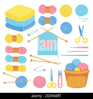 Knitting tools and wool yarn set, isolated on white background. Vector craft and handmade needlework design elements. Fashion hobby flat cartoon icons Stock Vector