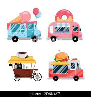 Street food trucks set, isolated on white background. Vector flat colorful illustration. Fast food meals service. Street food festival and catering bu Stock Vector
