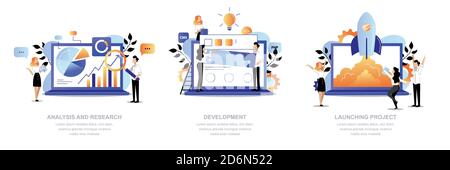 Project development steps business concept. Creative people team make research, analysis, web design and launch startup. Vector flat cartoon trendy il Stock Vector