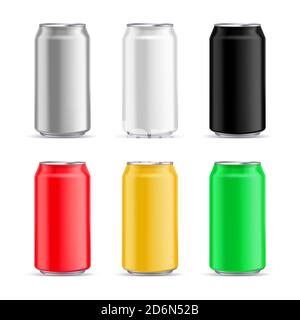 Aluminium can mockup design template. Vector realistic 3d illustration of multicolor aluminum beer, soda, water and other drinks packaging, isolated o Stock Vector
