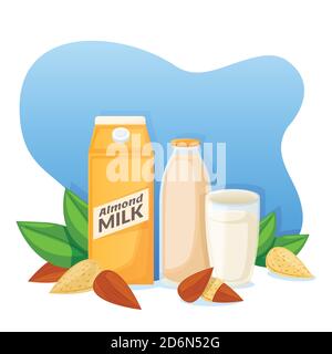 Almond milk in packaging, bottle and glass, vector flat cartoon illustration. Healthy vegan nutrition drink. Homemade fresh natural beverage label or Stock Vector