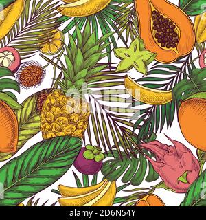Tropical seamless pattern. Exotic fruits, pineapple, banana and palm leaves on white background. Vector color hand drawn sketch illustration. Summer t Stock Vector