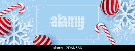 Merry Christmas, Happy New Year poster, banner blue background. Vector 3d realistic illustration of white snowflakes, red balls and striped stick cand Stock Vector