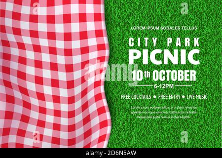 Picnic horizontal background. Vector poster or banner design template with realistic red gingham plaid on green grass lawn. Outdoors summer weekend in Stock Vector